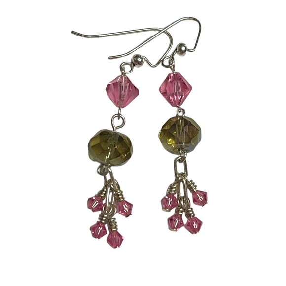 Pink and smoky crystal beaded earrings, pierced - Picture 3 of 4